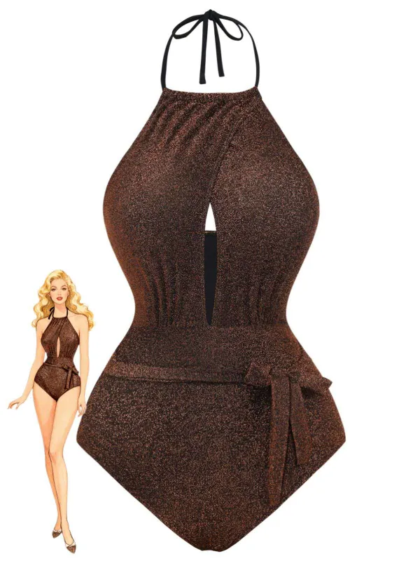 1940s Glitter Halter Cutout Bow One-Piece Swimsuit sold by Retro Stage