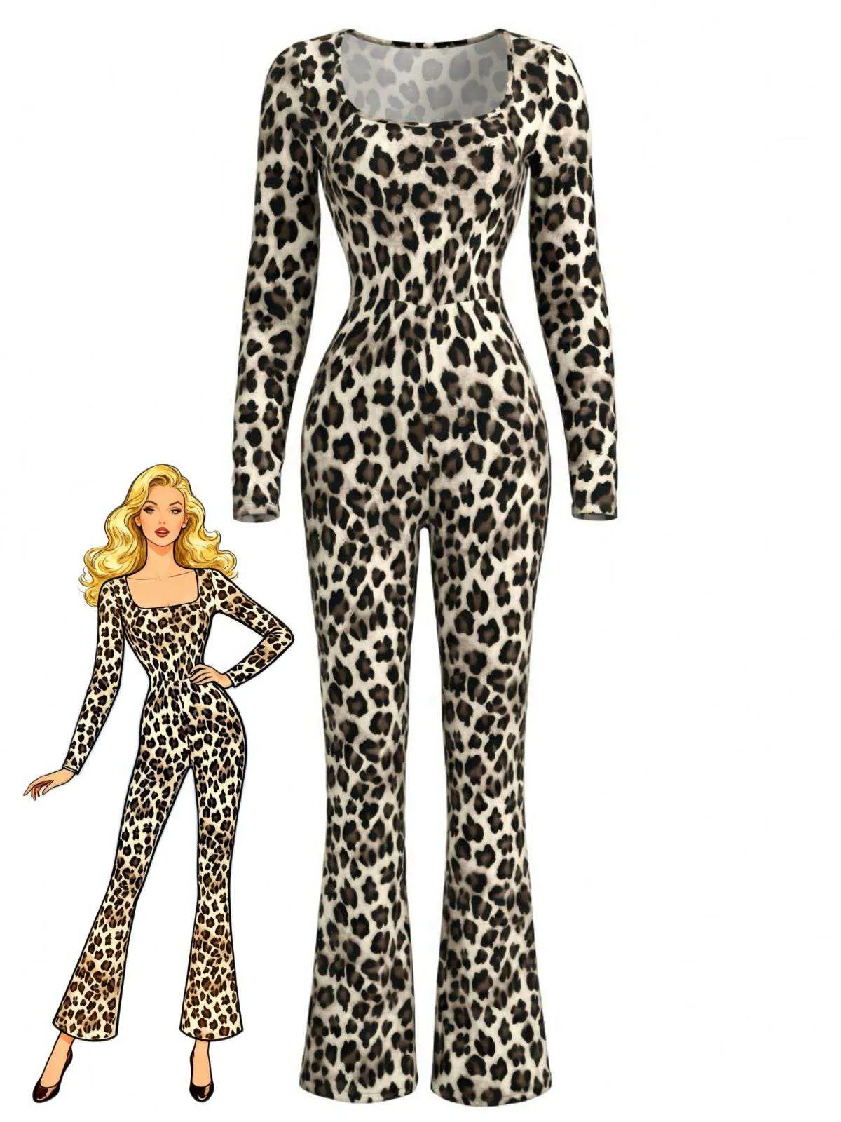 Brown 1980s Square Neck Leopard Jumpsuit sold by Retro Stage