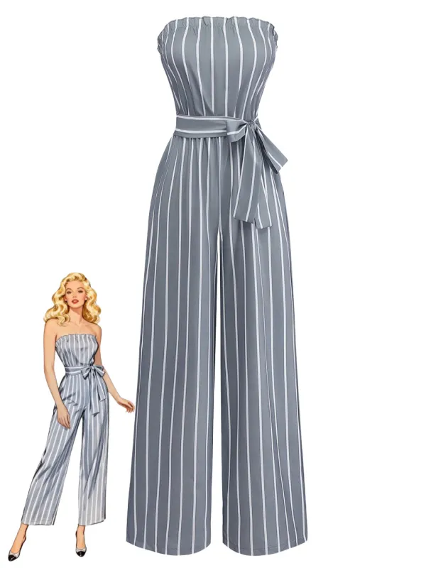Grey 1930s Strapless Striped Belted Jumpsuit made by Retro Stage
