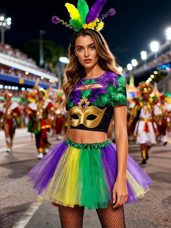 3PCS 1970s Carnival Mask Cutout Top & Petticoat & Headband sold by Retro Stage