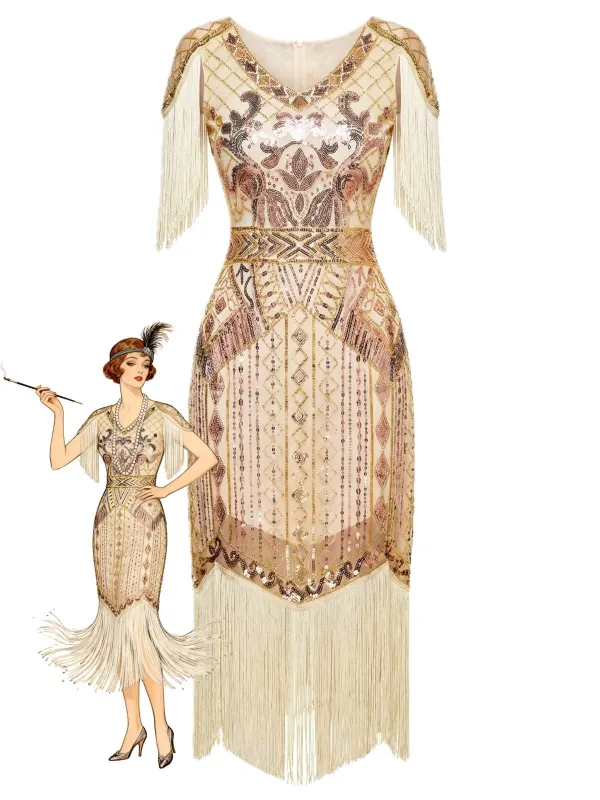 1920s Sequin Fringe Flapper V-Neck Dress sold by Retro Stage