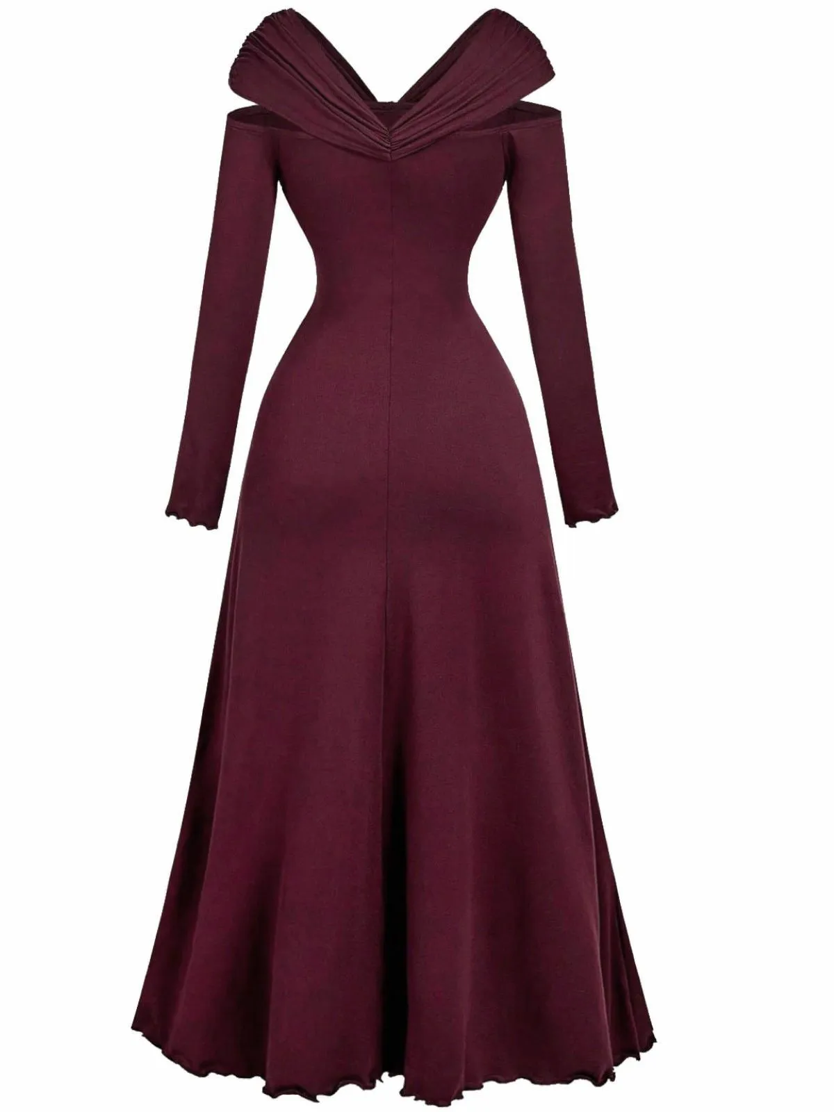 Burgundy 1940s Off-Shoulder Long Sleeve Pleated Dress sold by Retro Stage product image thumbnail 3