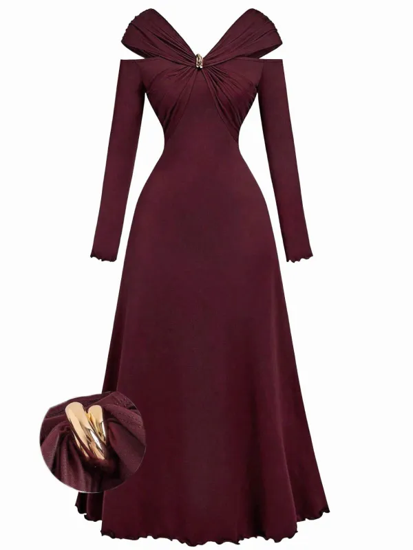 Burgundy 1940s Off-Shoulder Long Sleeve Pleated Dress sold by Retro Stage