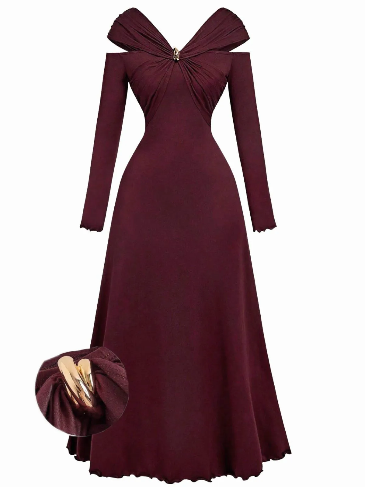Burgundy 1940s Off-Shoulder Long Sleeve Pleated Dress sold by Retro Stage