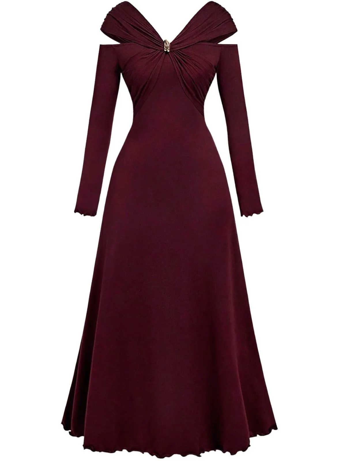 Burgundy 1940s Off-Shoulder Long Sleeve Pleated Dress sold by Retro Stage product image thumbnail 2