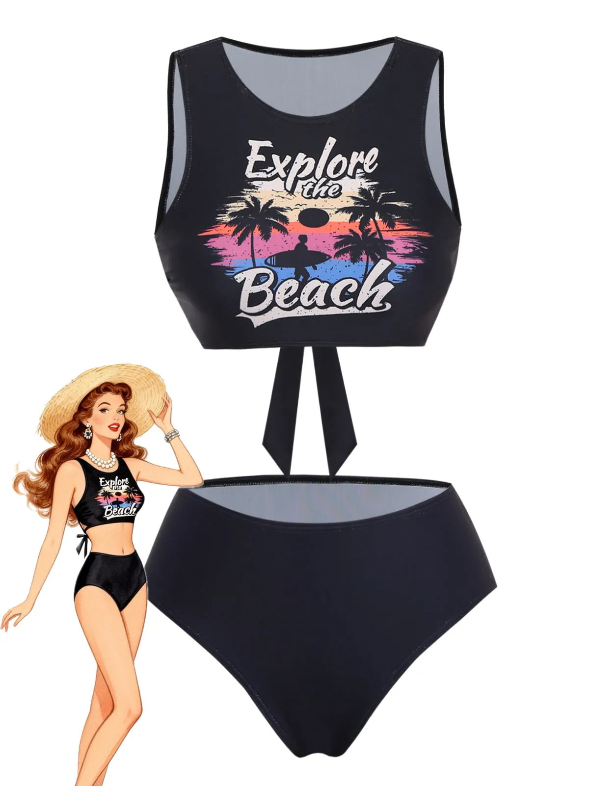Black 1950s Explore The Beach Tankini Set sold by Retro Stage