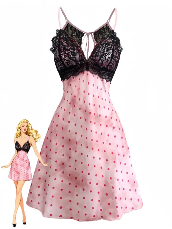 Pink 1940s Satin Polka Dot Lace Trim Backless Nightdress made by Retro Stage