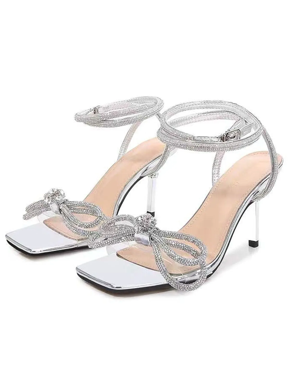 Silver Rhinestone Ankle Strap Heels sold by Retro Stage