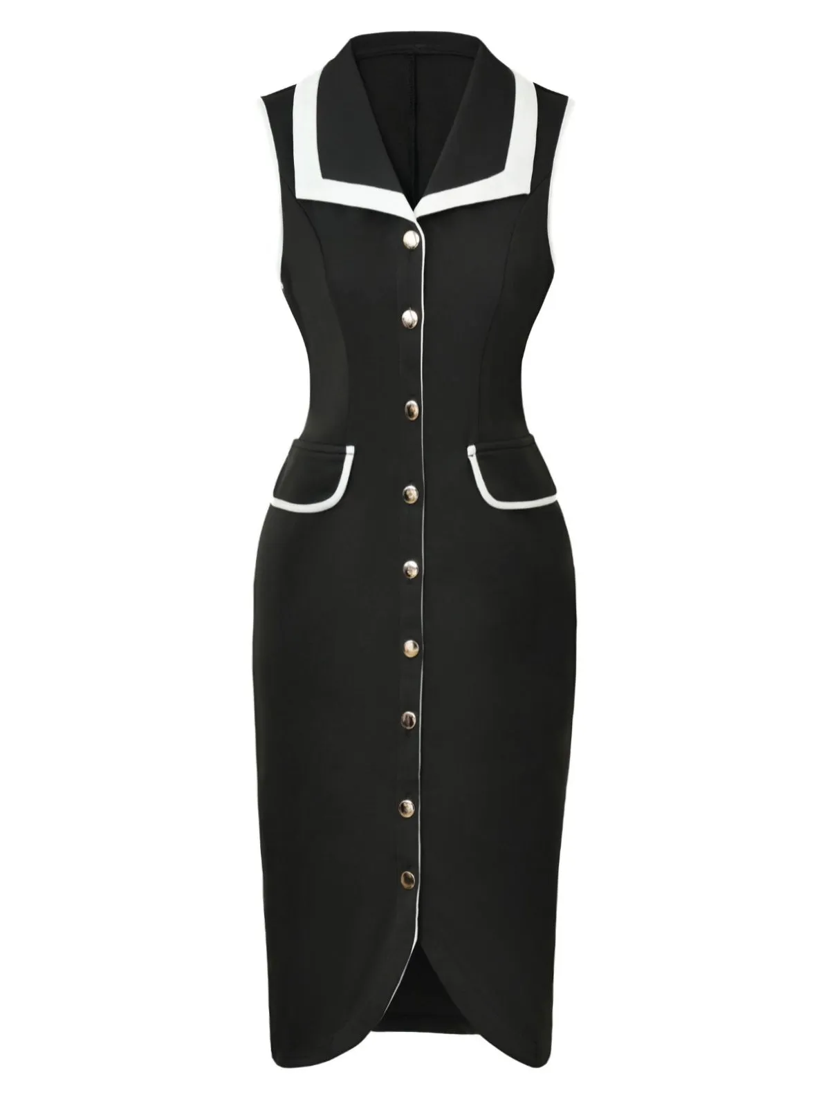 Black 1960s Sleeveless Lapel Button Bodycon Dress sold by Retro Stage product image thumbnail 2