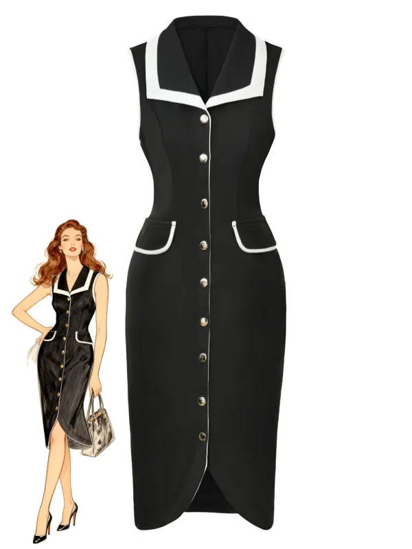 Black 1960s Sleeveless Lapel Button Bodycon Dress sold by Retro Stage