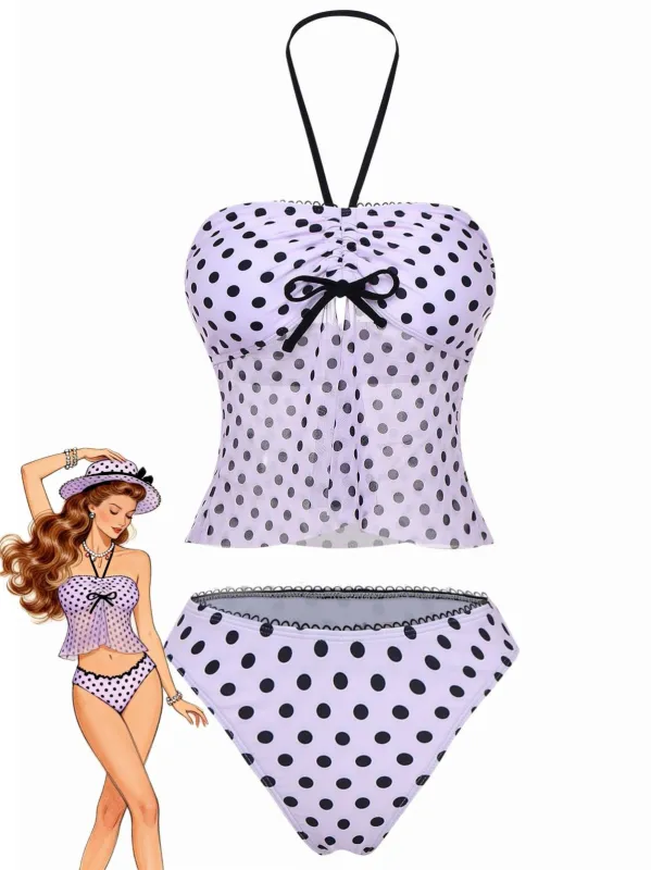 Pink 1950s Halter Polka Dot Bow Tankini Set sold by Retro Stage