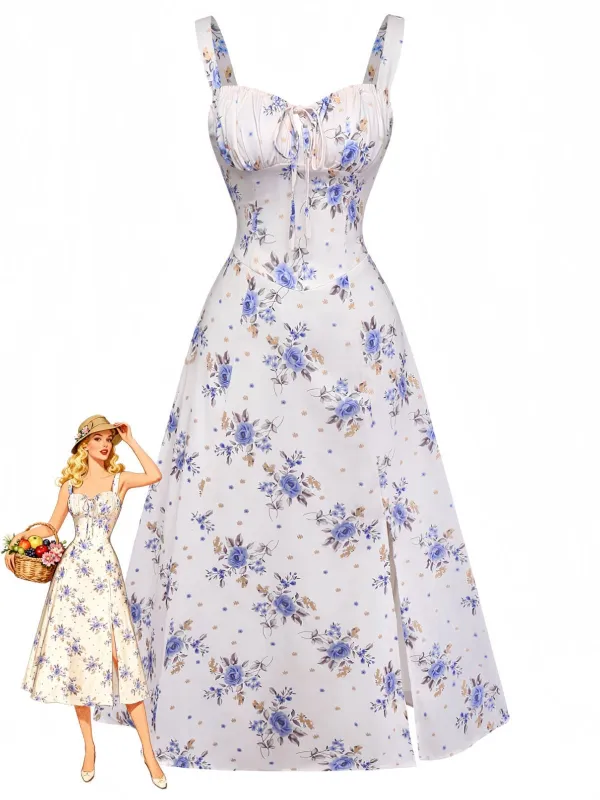 Beige 1950s Floral Lace-Up Side-Slit Dress sold by Retro Stage