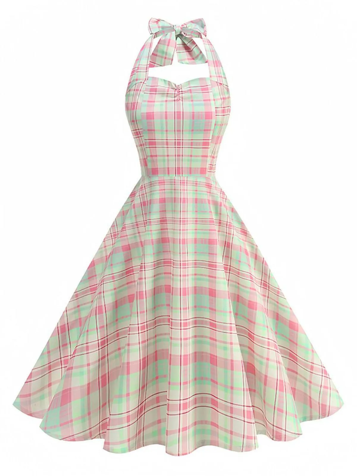 Pale Pink 1950s Plaid Halter Backless Dress sold by Retro Stage product image thumbnail 2