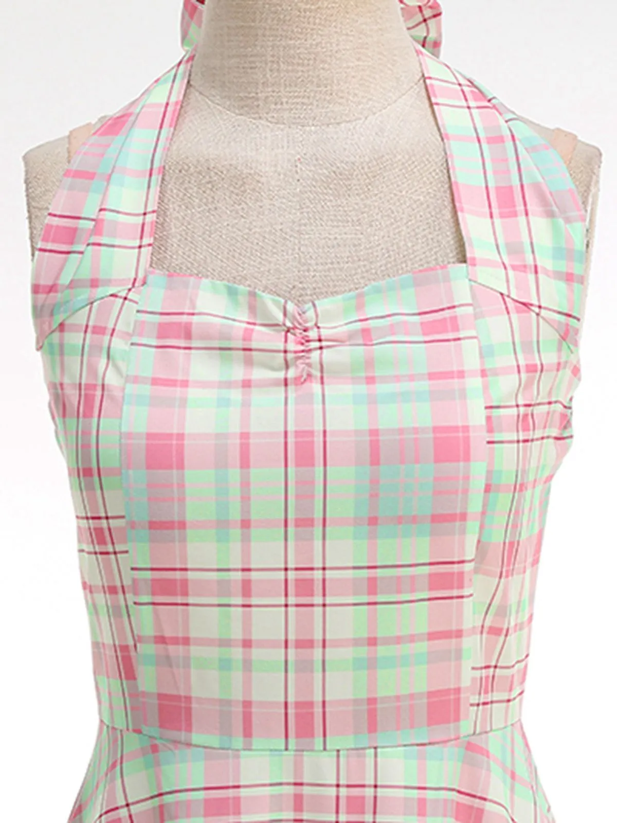 Pale Pink 1950s Plaid Halter Backless Dress sold by Retro Stage product image thumbnail 4