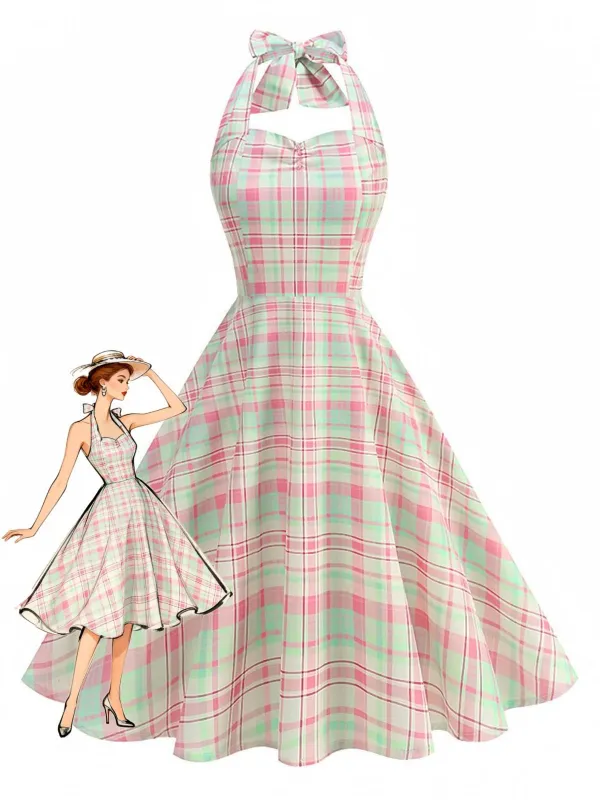 Pale Pink 1950s Plaid Halter Backless Dress sold by Retro Stage