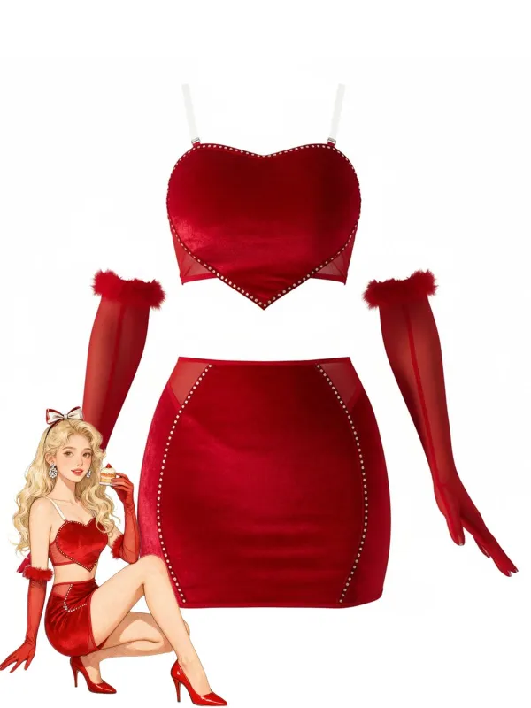 2PCS Red 1980s Velvet Heart Cutout Crop Top & Skirt made by Retro Stage