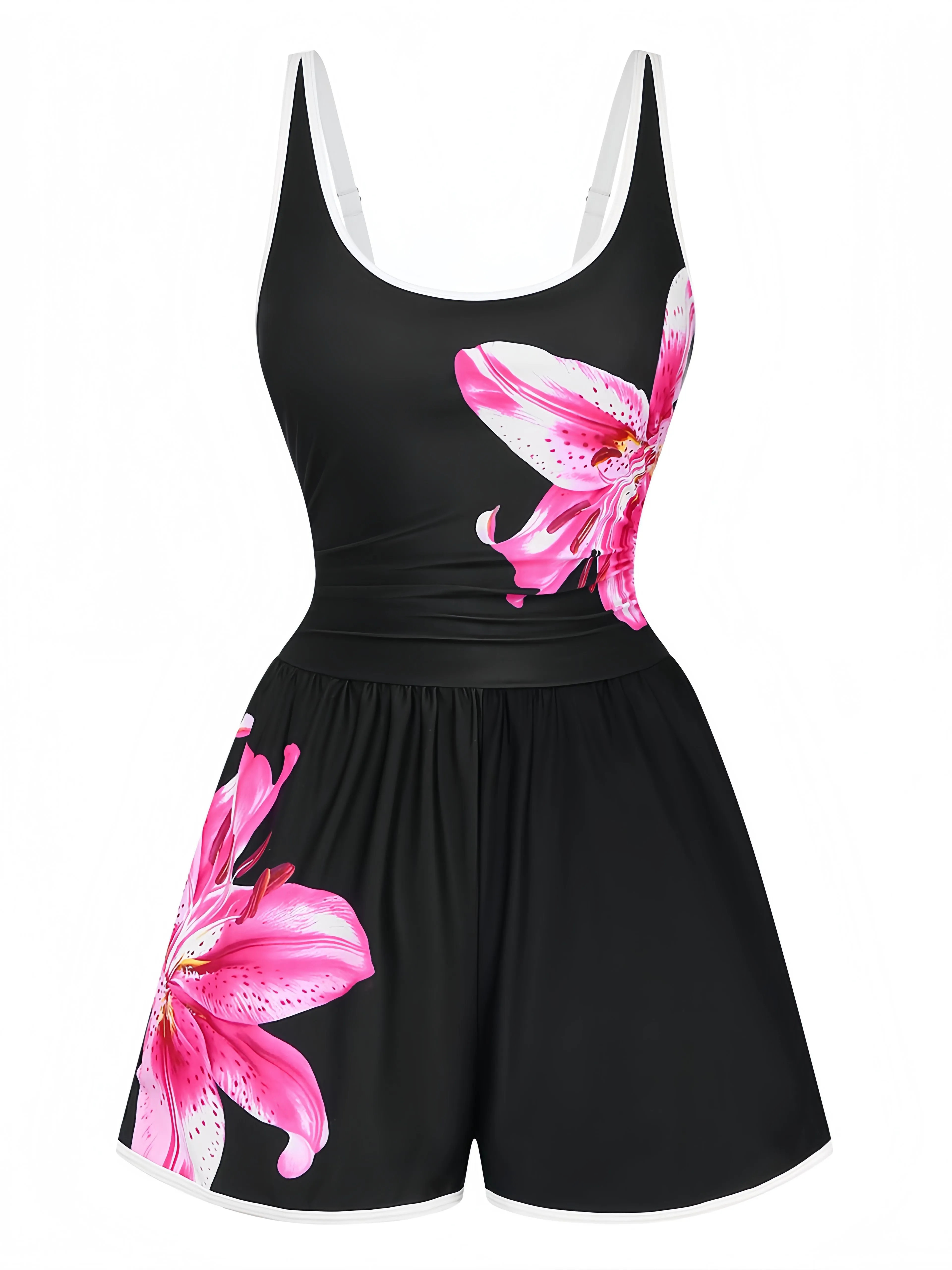 Black 1940s Floral Tankini One-Piece Swimsuit sold by Retro Stage product image thumbnail 2