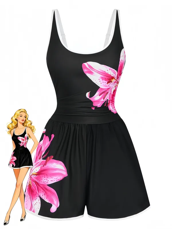 Black 1940s Floral Tankini One-Piece Swimsuit sold by Retro Stage
