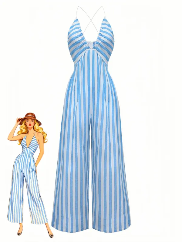 Blue 1980s Striped Deep V Spaghetti Strap Jumpsuit sold by Retro Stage