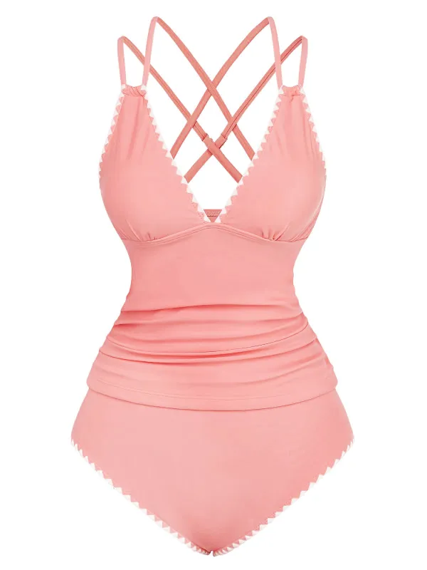 1940s Colorblock Deep V Crisscross Back Tankini Set sold by Retro Stage