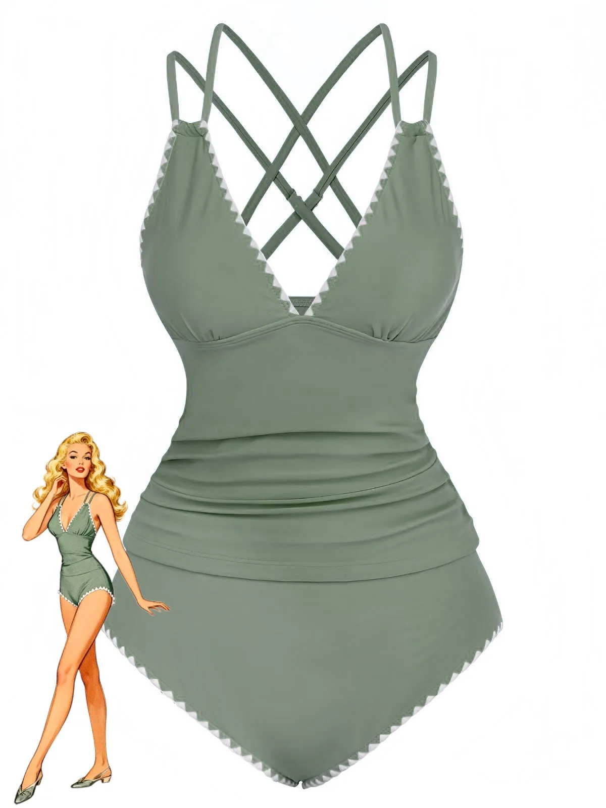 1940s Colorblock Deep V Crisscross Back Tankini Set sold by Retro Stage product image thumbnail 3