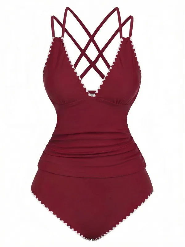 1940s Colorblock Deep V Crisscross Back Tankini Set sold by Retro Stage