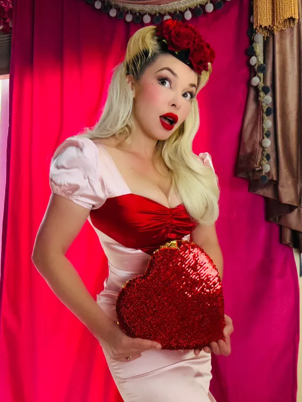 Pale Pink 1960s Heart Puff Pencil Dress sold by Retro Stage