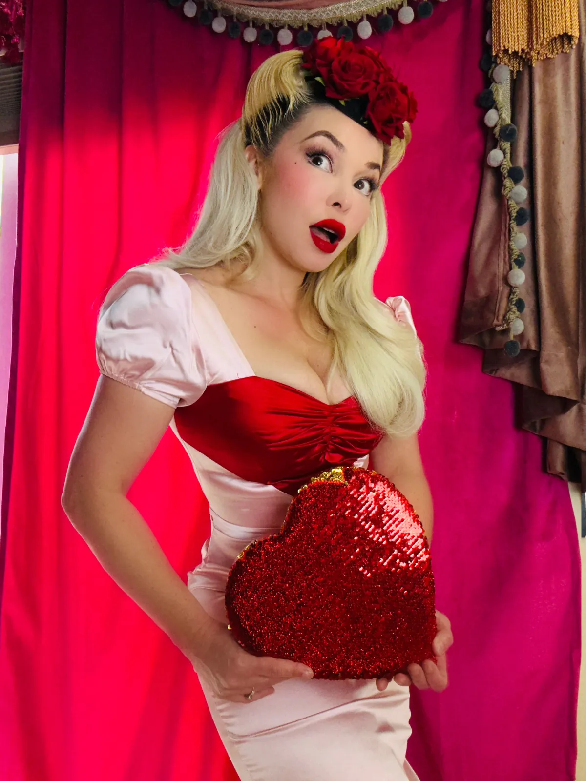 Pale Pink 1960s Heart Puff Pencil Dress sold by Retro Stage