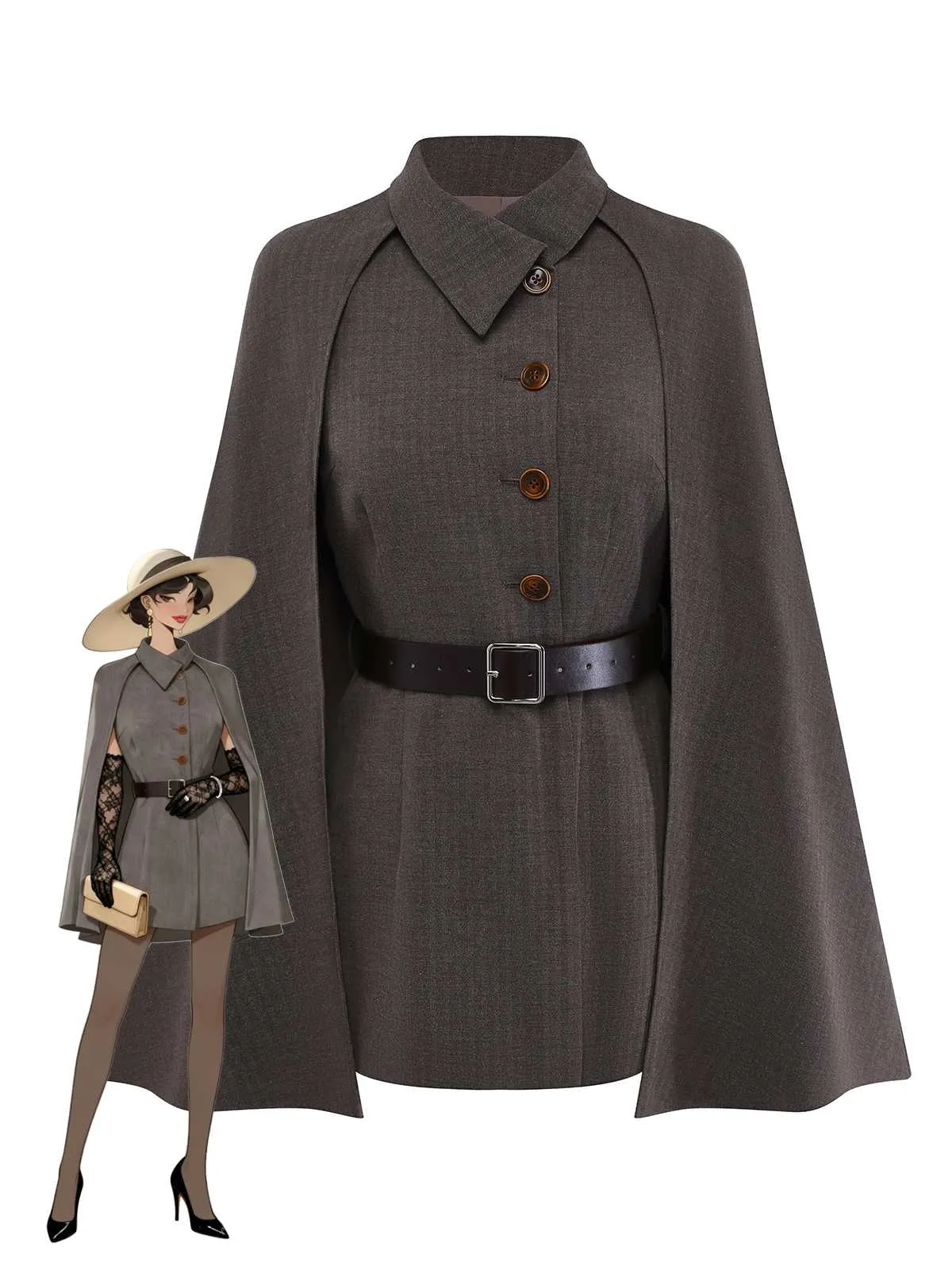1940s Lapel Belted Jacket With Detachable Cape sold by Retro Stage product image thumbnail 4
