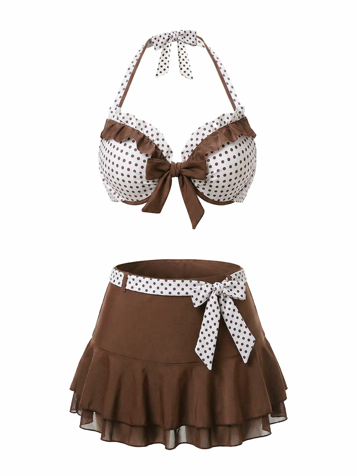 3PCS Brown 1970s Polka Dot Ruffle Halter Swimsuit Set sold by Retro Stage product image thumbnail 2