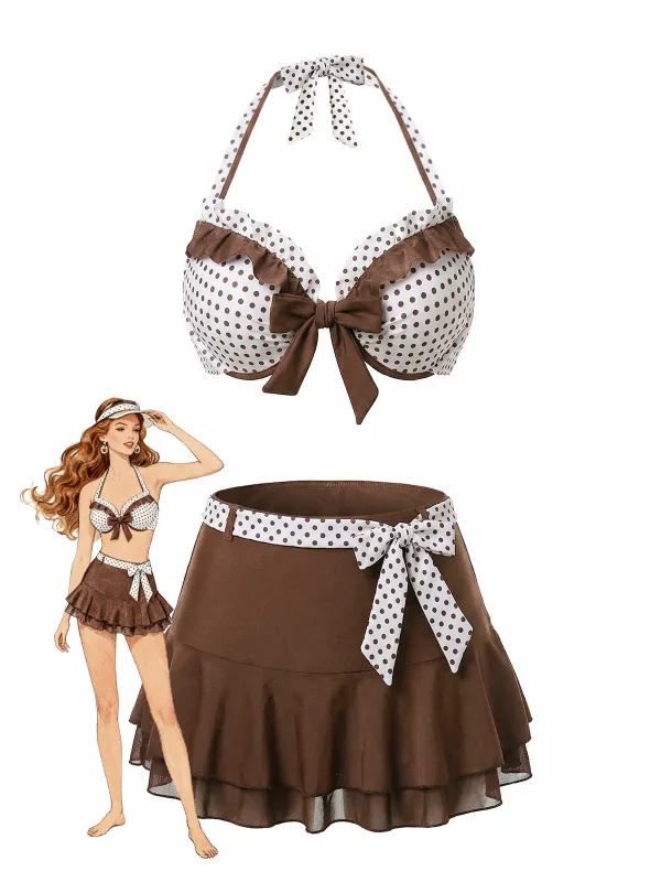 3PCS Brown 1970s Polka Dot Ruffle Halter Swimsuit Set sold by Retro Stage