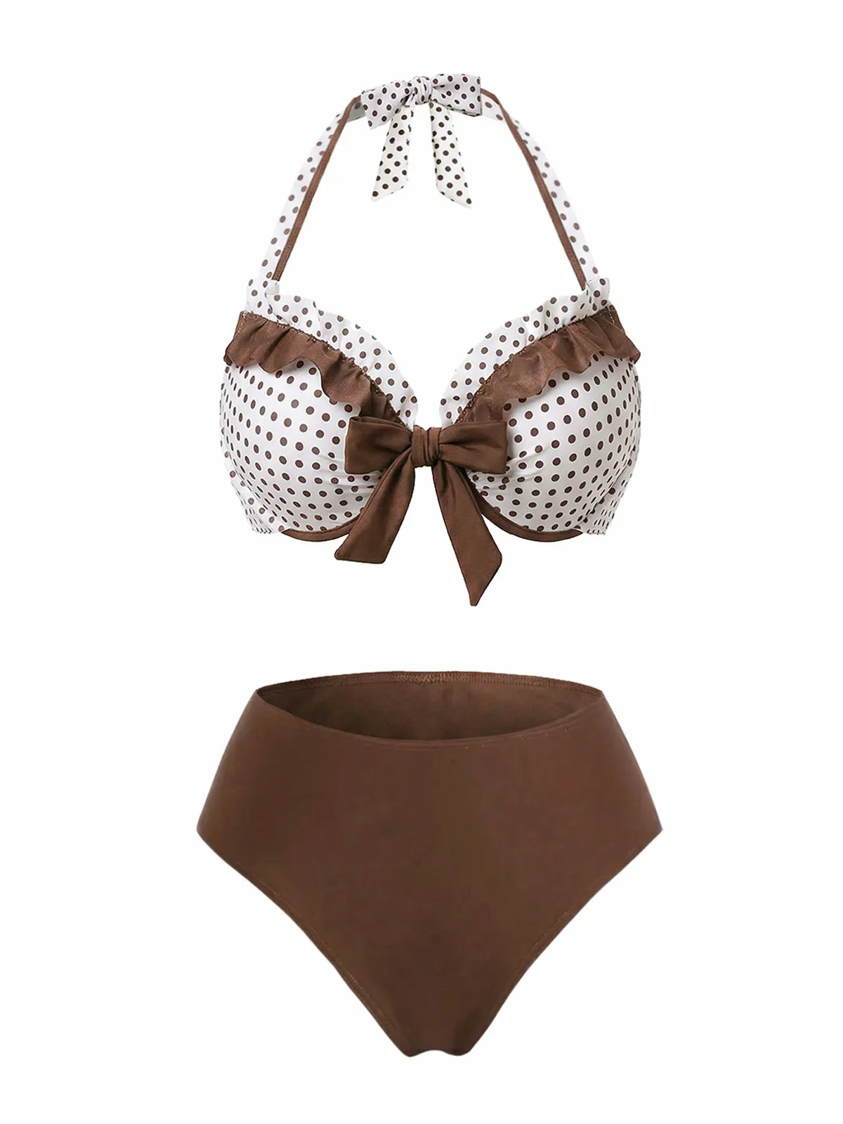 3PCS Brown 1970s Polka Dot Ruffle Halter Swimsuit Set sold by Retro Stage product image thumbnail 3