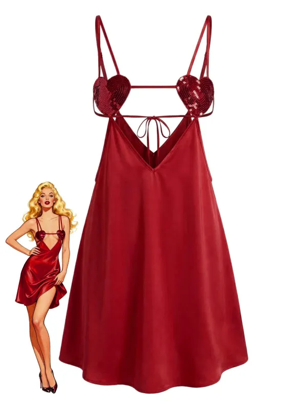 1960s Solid Satin Sequined Heart Sexy Cami Nightgown made by Retro Stage