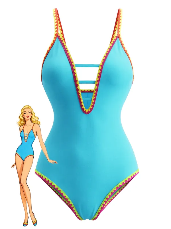 1970s Color Block Strap Cut-Out Swimsuit sold by Retro Stage