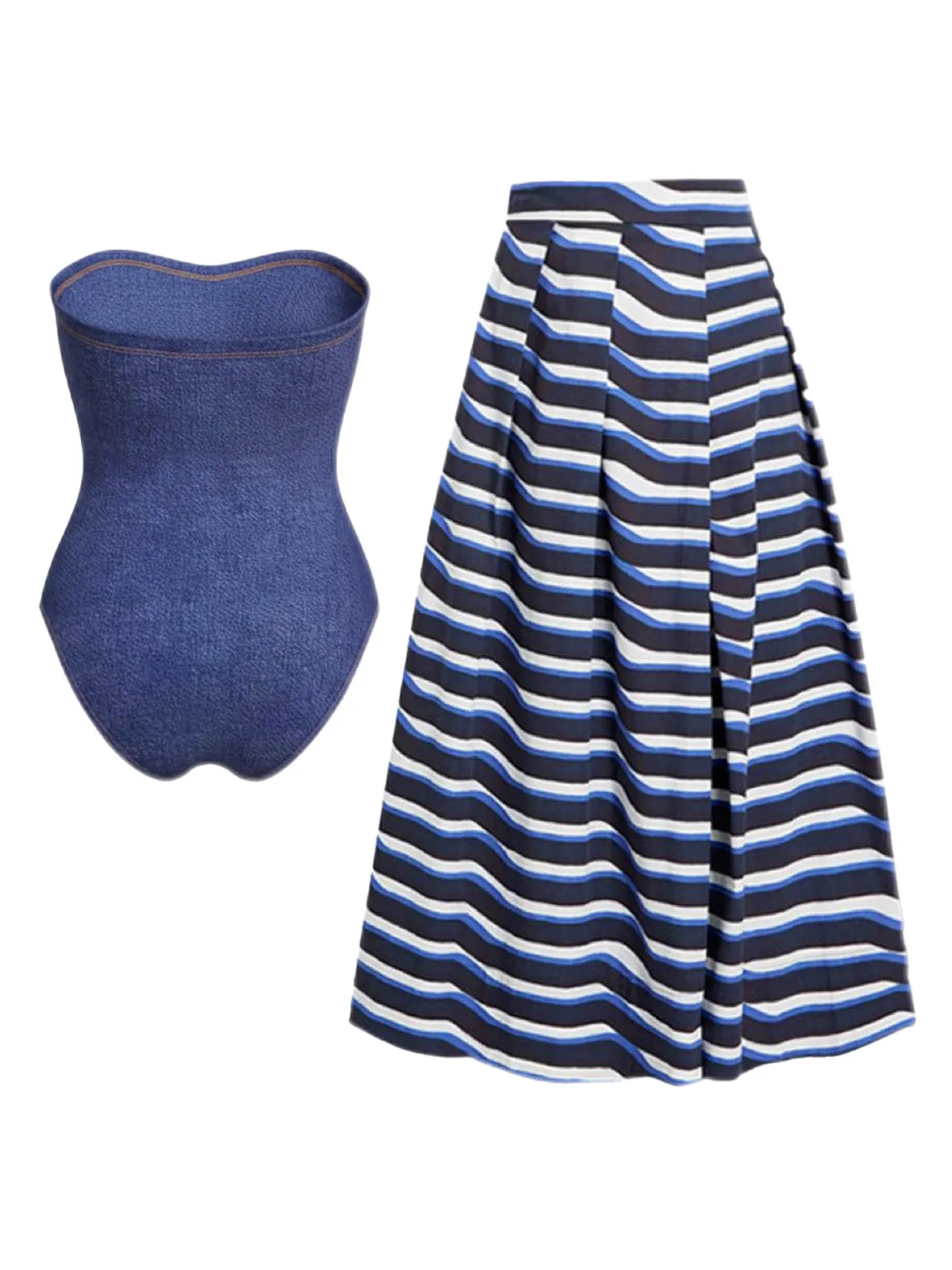 2PCS 1980s Strapless Denim Bow Swimsuit & Striped Cover-Up sold by Retro Stage product image thumbnail 2