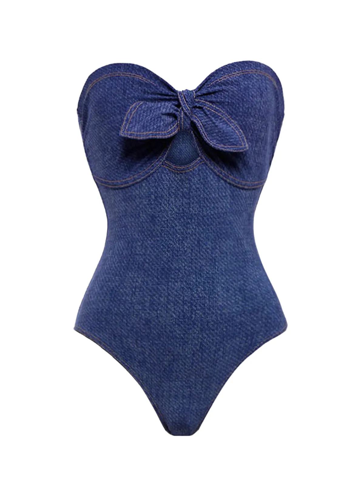 2PCS 1980s Strapless Denim Bow Swimsuit & Striped Cover-Up sold by Retro Stage product image thumbnail 4