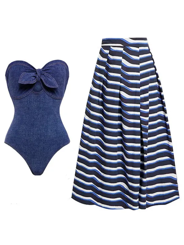 2PCS 1980s Strapless Denim Bow Swimsuit & Striped Cover-Up made by Retro Stage