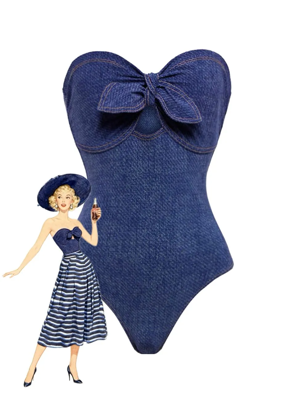 2PCS 1980s Strapless Denim Bow Swimsuit & Striped Cover-Up sold by Retro Stage product image thumbnail 3