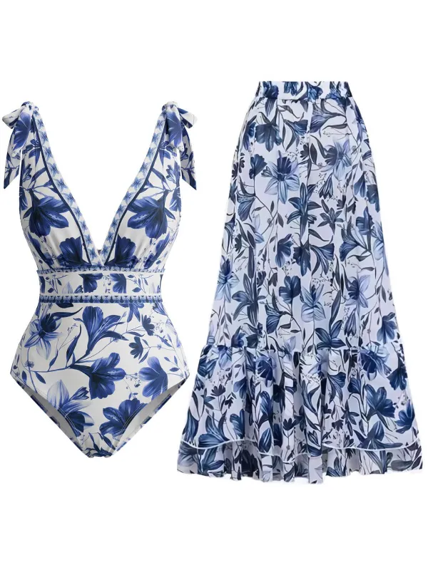 2PCS Blue 1940s Floral Tie-Shoulder Swimsuit Cover-Up made by Retro Stage