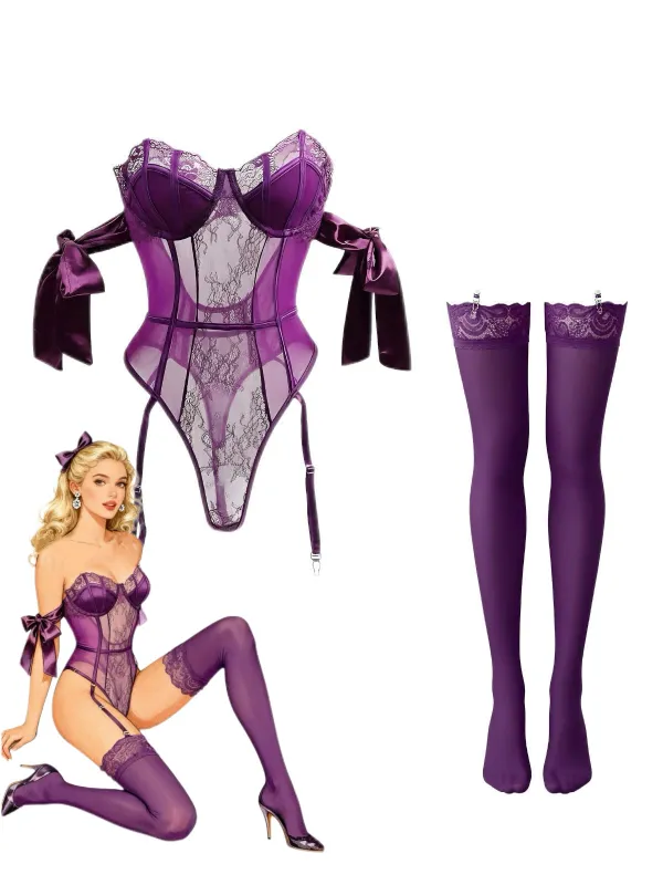 1980s Solid Bow Tie Bodysuit Pajama With Stockings Set sold by Retro Stage