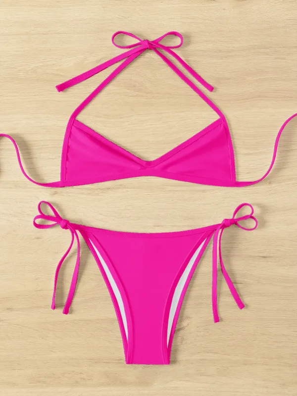 1960s Solid Ruched Halter Lace-Up Bikini Set made by Retro Stage