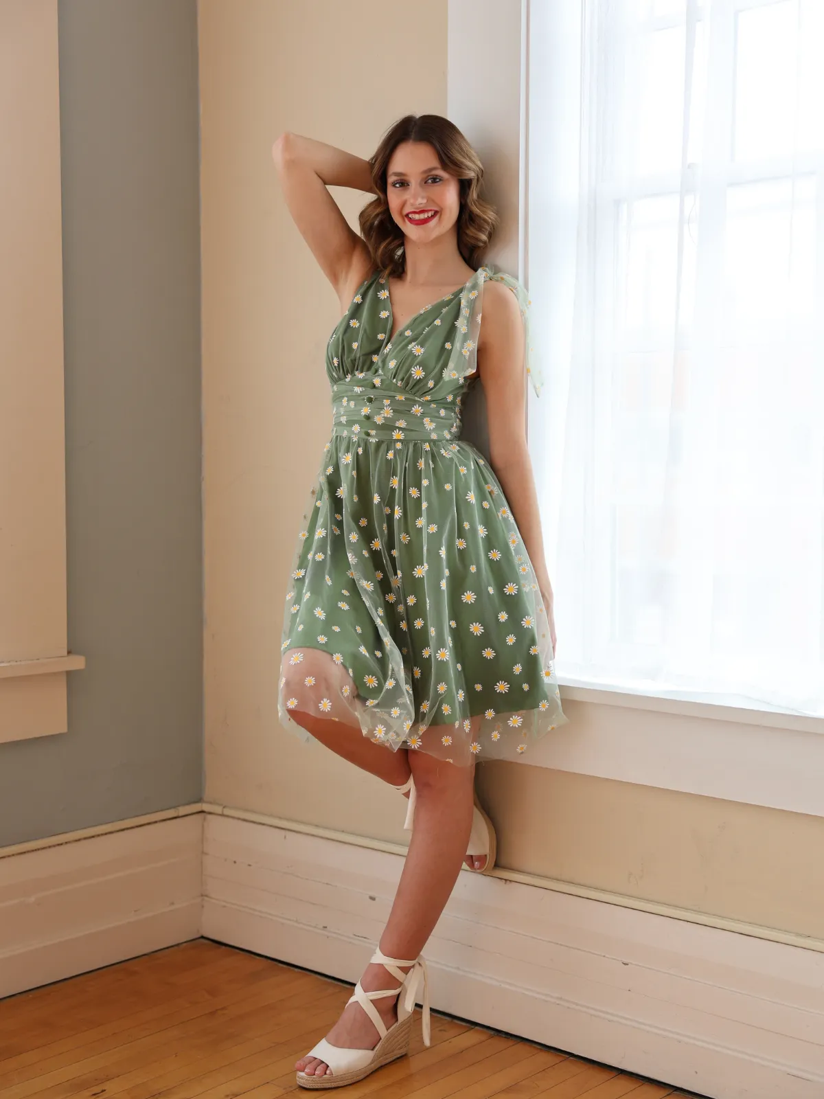 Green 1950s Daisy Mesh Swing Dress sold by Retro Stage