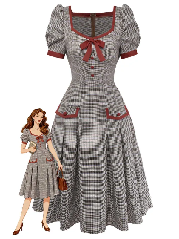 [Pre-Sale] Brown 1950s Bow Houndstooth Pleated Dress sold by Retro Stage