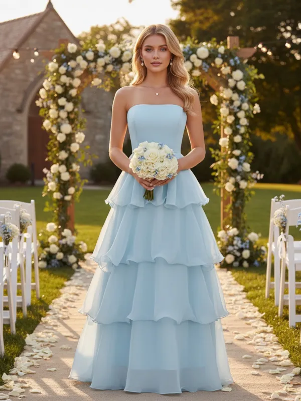 Light Blue 1970s Strapless Layered Ruffles Dress made by Retro Stage