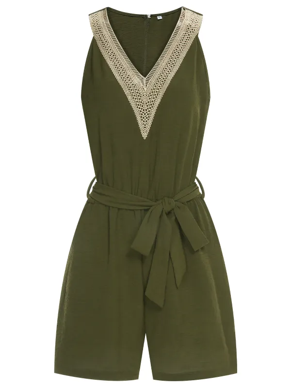 ‍Army Green 1950s Lace V-Neck Patchwork Romper (65% off) made by Retro Stage