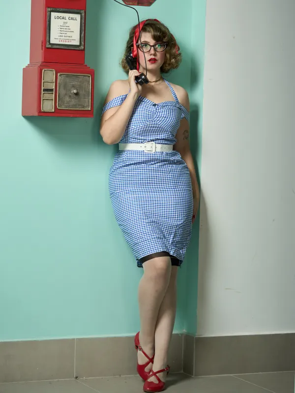 Blue 1960s Halter Off-Shoulder Plaid Pencil Dress sold by Retro Stage