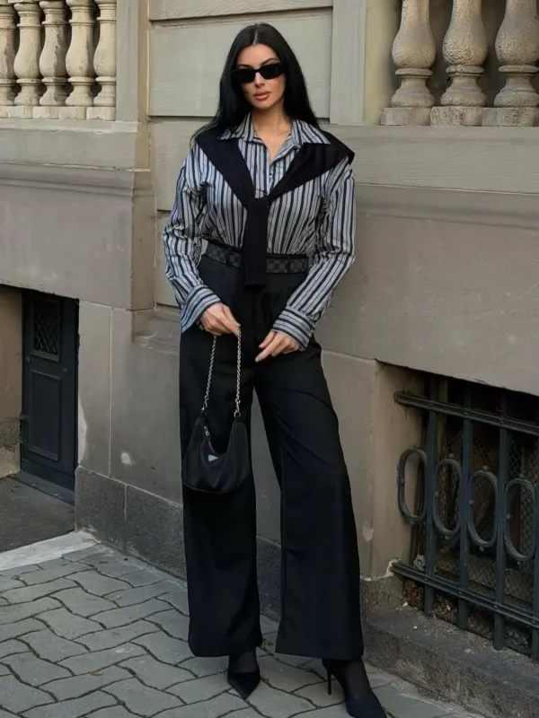 Black 1940s Shirt Collar Stripe Jumpsuit With Cape made by Retro Stage