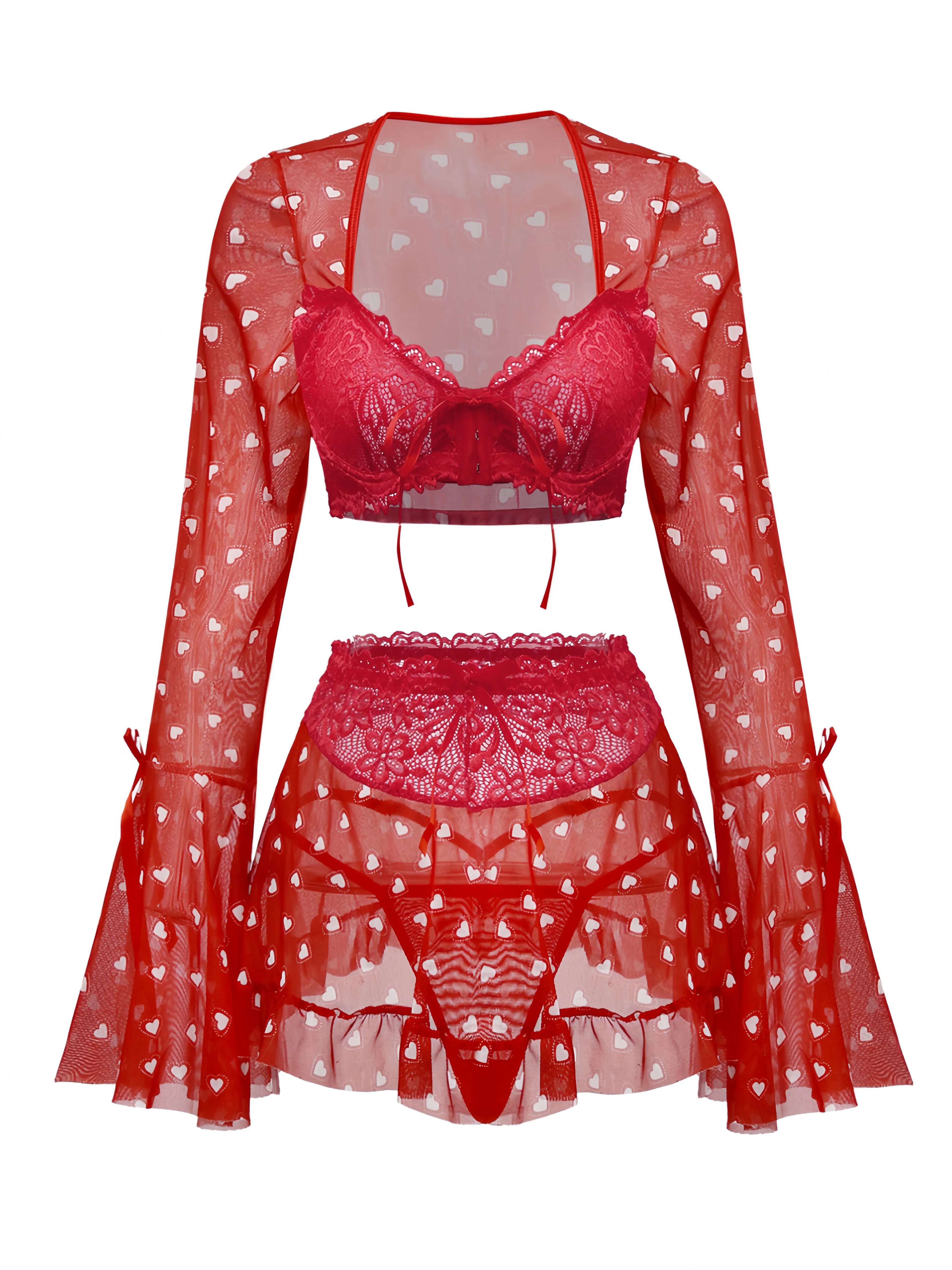 2PCS Red 1960s Heart Bow Ruffled Valentine's Pajamas sold by Retro Stage product image thumbnail 5