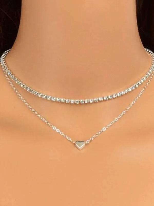 Silver Double Layer Heart Pendant Diamond Necklace sold by Retro Stage