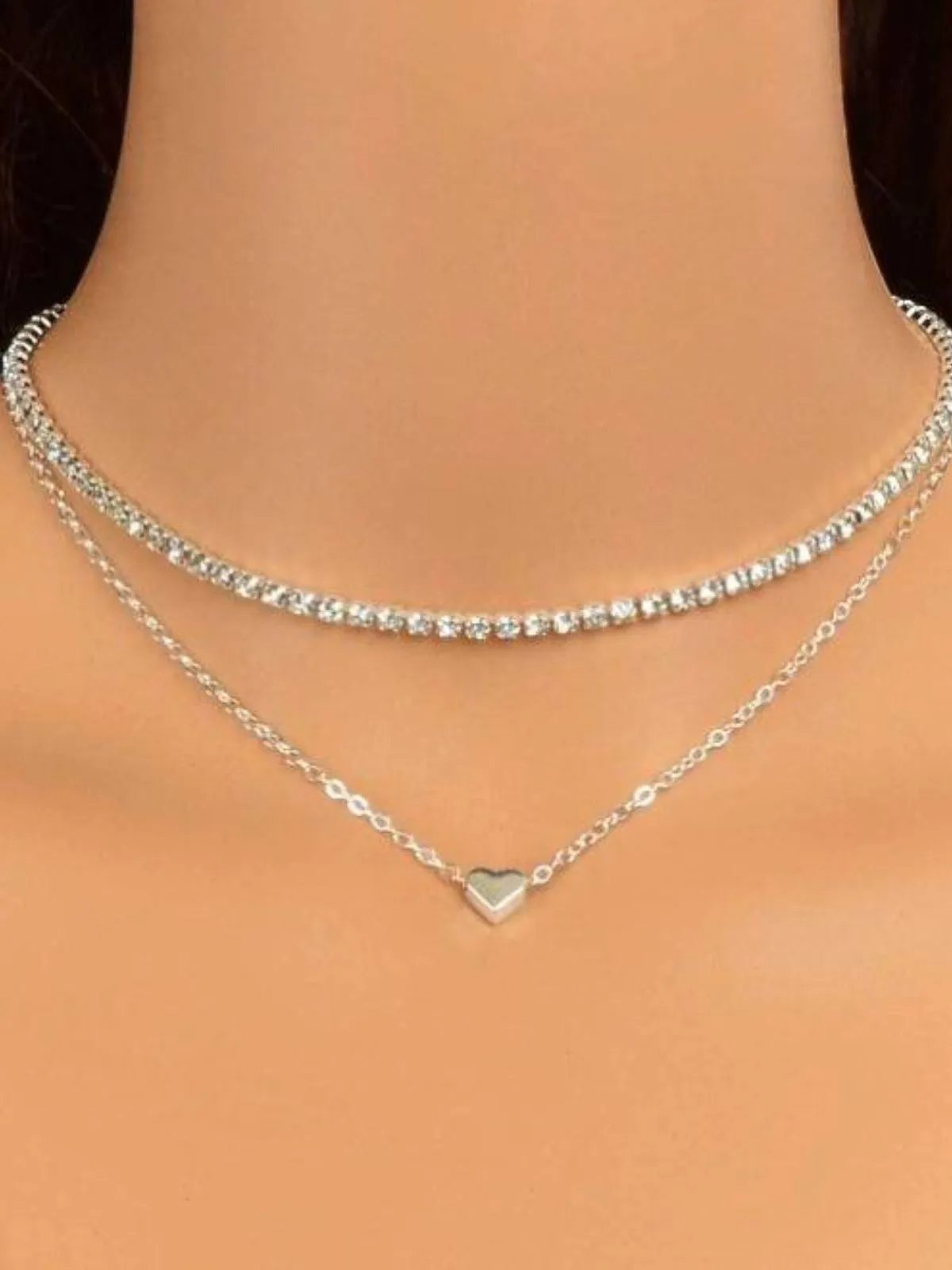 Silver Double Layer Heart Pendant Diamond Necklace sold by Retro Stage